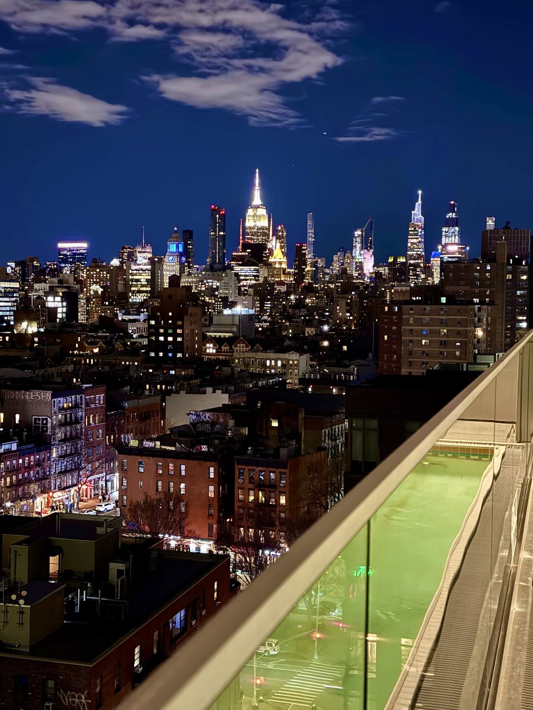 New York skyline at night from a rooftop
